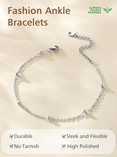 FindChic Stainless Steel Ankle Bracelets for Women, Waterproof Figaro/Cuban/Box/Beaded Chain Anklets, Summer Beach Foot Jewelry, 8.5''-10.5'' Adjustable Length, with Gift Box - style: Ideal Beaded Chain-Silver