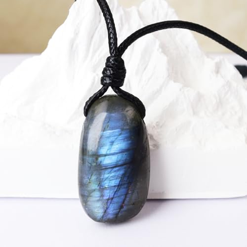 Natural Gemstone Pendant Necklace Healing Crystal Stone Choker Necklace Adjustable Waxed Black Rope for Men - color: Labradorite