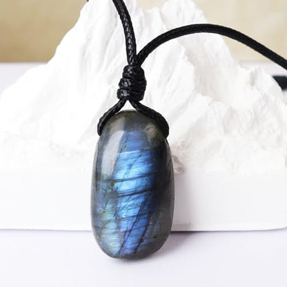 Natural Gemstone Pendant Necklace Healing Crystal Stone Choker Necklace Adjustable Waxed Black Rope for Men - color: Labradorite