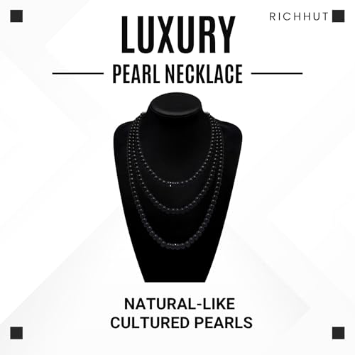 Women's Long Pearl Necklace - Natural Cultured Pearls - Luxurious 8mm Strand Pearls - 1920s Timeless Elegance - Great for Wives, Girlfriends, Sisters, and Besties - Length 60In/71In - color: Midnight Black, size: 60In