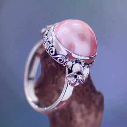 NOVICA Artisan Handmade Pearl Flower Ring Floral Sterling Silver Cocktail Pink Indonesia Birthstone [crownbezel 0.4 in H x 0.6 in Diam. Band Width 3 mm W] 'Love Moon'