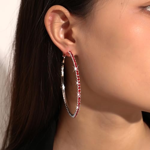 80mm Rhinestone Hoop Earrings for Women Sparkly Earrings Cubic Zirconia Circle Earring Exaggerated Prom Earring Large Rhinestones Round Hoop Earrings Silver Prom Jewelry for Party Wedding Birthday - color: Red