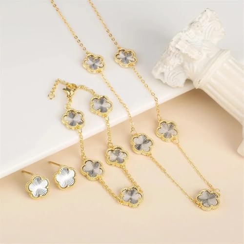 14K Gold-Filled Clover Necklace For Women - Classic Five-Leaf Flower Set Bracelet Necklace Earrings Jewelry Set, Five Leaf Clover Necklaces Dainty Lucky Clover Jewelry - color: Silver - Clover Necklace