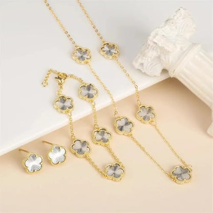 14K Gold-Filled Clover Necklace For Women - Classic Five-Leaf Flower Set Bracelet Necklace Earrings Jewelry Set, Five Leaf Clover Necklaces Dainty Lucky Clover Jewelry - color: Silver - Clover Necklace
