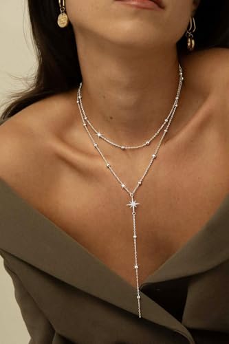 14K Gold Plated Layered Lariat Necklace for Women - Waterproof Non-Tarnish Dainty Gold Chain Necklace, Long Boho Statement Jewelry for Wedding, Prom, Summer Vacation Gifts - color: Layered Beads Y Necklace-Silver