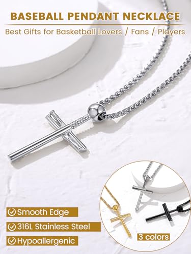 GOLDCHIC JEWELRY Sport Necklaces for Men Teen, Football Baseball Soccer Basketball Softball Necklaces with Stainless Steel Chain Athlete Jewelry Sports Fan Gift - color: Baseball Cross-Steel, style: NO Engraving