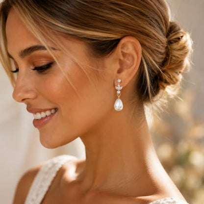 Pearl Dangle Clip On Earrings for Women - 14K Gold Silver Plated Cubic Zirconia Pearl Drop Earrings Trendy Long Non Pierced Bridal Earrings Fashion Jewelry Gifts - color: Gold
