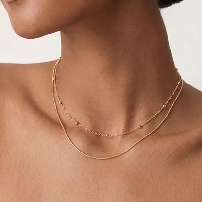 Tewiky Layered Necklaces for Women 14k Gold Plated Chain Necklace Set | Chunky Herringbone/Snake/Rope/Box/Cuban Link Chain for Women, Layering Stack Choker Necklace, Dainty Jewelry Set Non Tarnish - color: Layered Bead Gold