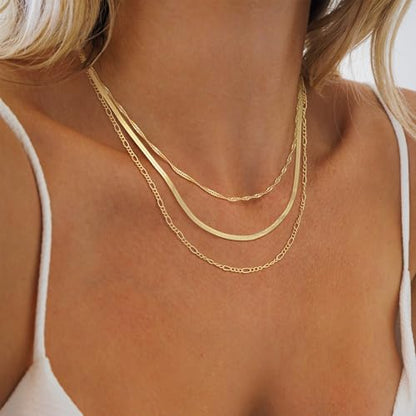 NECOCY 14K Gold Plated Layered Necklace for Women, Dainty Chain Necklace Stackable Trendy Cuban Link Rope Snake Chain Choker Simple Chunky Herringbone Necklace Stack Jewelry Set Gift for Women - style: 3PCS Layered-A