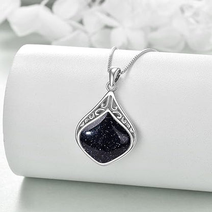 YAFEINI Teardrop Necklace Sterling Silver Filigree Irish Pendant Necklace Natural Stone Moonstone/Lapis Lazuli/Larimar/Moss Agate Necklace Jewelry - color: Blue Sandstone teardrop necklace