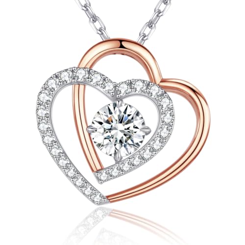 Double Heart Pendant Necklace (Women's Style), 2-Carat Moissanite Heart-Shaped Necklace, 18K white gold plating moissanite pendant Anniversary Birthday Gifts for Women, Jewelry Gift for Her Wife Girlfriend - size: 2-Carat rose gold