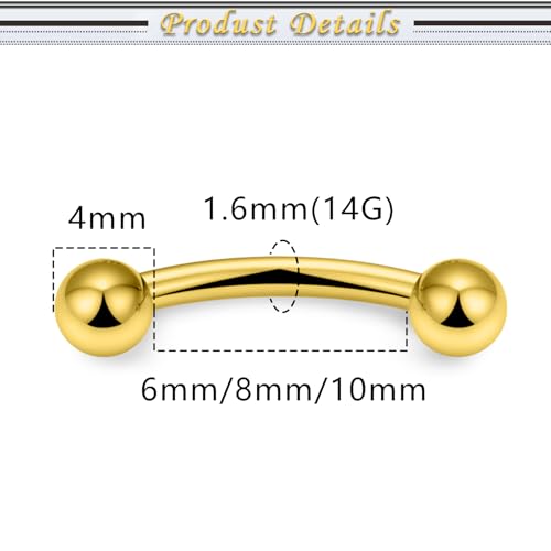 Internally Threaded Eyebrow Piercing Jewelry Surgical Steel Tiny Eyebrow Rings Vertical Labret Lip Jewelry Small Ear Rook Earring for Women Men 18g 16g 14g Plus Piercing Ball Grabber Tool - color: goldtone, size: 14g,ball+spike end