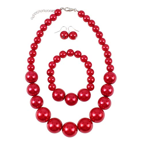 COLORFUL BLING Chunky Multicolor Simulated Pearl Choker Necklace Drop Dangle Earrings Bracelet Set Crystal Bib Big Large Round Beaded Strand for Women Brides Costume Statement 1920s Wedding Jewelry - color: Red1