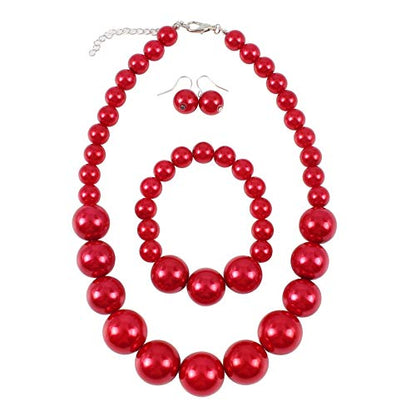 COLORFUL BLING Chunky Multicolor Simulated Pearl Choker Necklace Drop Dangle Earrings Bracelet Set Crystal Bib Big Large Round Beaded Strand for Women Brides Costume Statement 1920s Wedding Jewelry - color: Red1