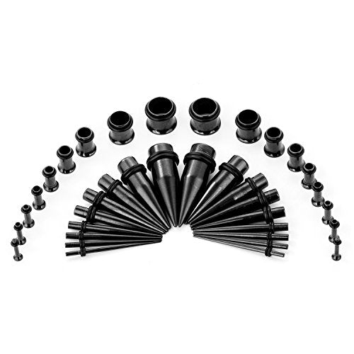 36pcs Ear Stretching Kit 14G-00G Surgical Steel Tapers Tunnels Gauges Set for Starter Women and Men Expanders Body Piercing Jewelry - color: Black