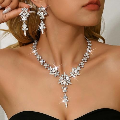 Wedding Jewelry Sets for Brides Rhinestone Necklace and Earring Set Bracelet Ring Gold Silver Prom Jewelry Sets Diamond Flower Teardrop Necklace for Women - color: Style5-Clear