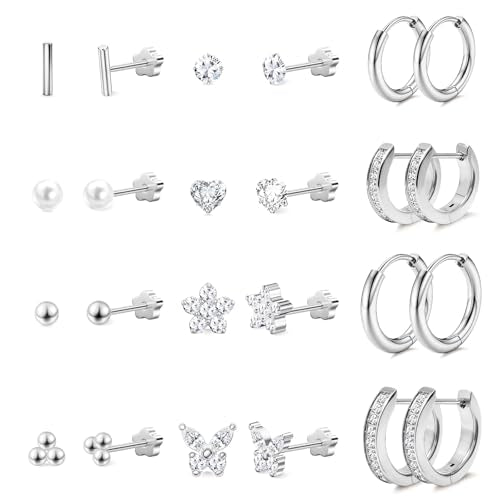 Stainless Steel Stud and Hoop Earrings Sets for Ear Stacks | Choose gold or silver pearl studs, CZ studs, flat backs, butterfly backs, hoops and multi-pair ear stack sets. - color: 12 Pairs 20G Silver