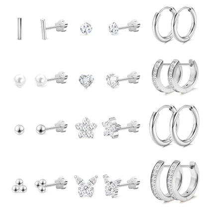 Stainless Steel Stud and Hoop Earrings Sets for Ear Stacks | Choose gold or silver pearl studs, CZ studs, flat backs, butterfly backs, hoops and multi-pair ear stack sets. - color: 12 Pairs 20G Silver