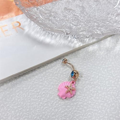 14G Pink Seashell Dangle Belly Button Ring, Blue Cubic Zirconia Crystal Starfish Belly Rings Stainless Steel Navel Barbell Piercing Jewelry for Women