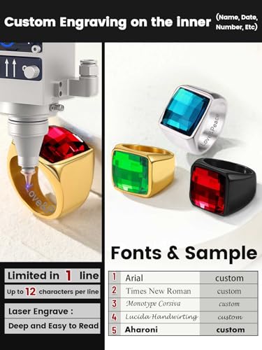KeyStyle Square Gemstone Signet Rings for Men, Personalized Stainless Steel Pinky Ring with Black Onxy Blue Topaz Birthstone Statement Ring - color: Gold - Custom Stone - 15mm