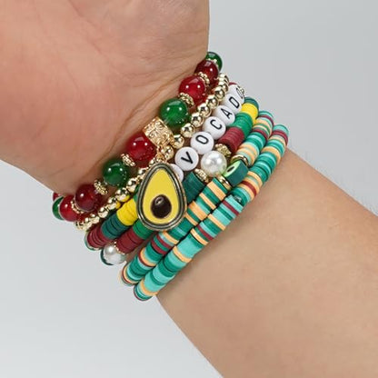 Twinfree Bohemian Cute Fruit Banana Cherry Strawberry Pineapple Mango Polymer Clay Beaded Stackable Stretch Bracelets - color: Color 6