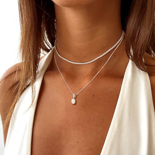 Layered Necklaces for Women, Dainty 14K Gold Plated Diamond Tennis Necklace, Simple Stackable Layered Gold Necklaces for Women Trendy Sparkly Cubic Zirconia Pendant Necklace Set Jewelry Gift - color: Silver - Tennis & Irregular Diamond