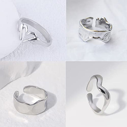 Loqimu 6 Pack Silver Midi Rings Stainless Steel Stackable Rings for Women Open Knuckle Rings Set Wide Irregular Finger Rings for Teen Girls Hug Geometric Fashion Rings Aesthetic Jewelry Gift - color: Silver