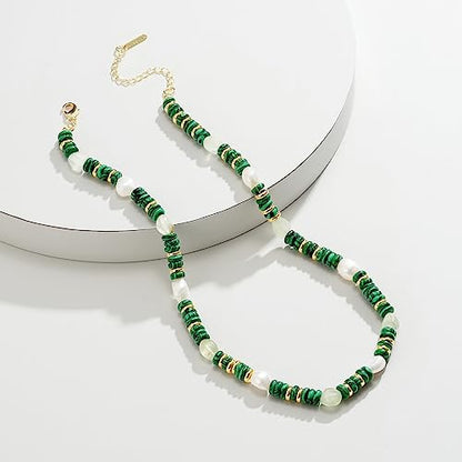 KissYan Beaded Gemstone Necklaces for Women | Colorful Bead Natural Stone Choker with 14K Gold Plated Spring Ring Clasp, Handmade Knot Jewelry for Summer Beach - color: N-Malachite