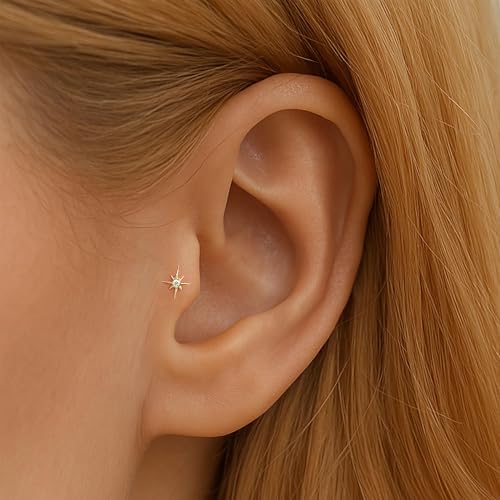 Flat Back Stud Cartilage Earrings Tragus Helix Piercing Jewelry Titanium | Conch Nose Piercing,Small Tiny Studs for Women,Threadless/Internally Threaded,Surgical Steel,Hypoallergenic,16G/18G/20G - color: Gold02-Starburst (6mm*1+8mm*1), size: Internally Th