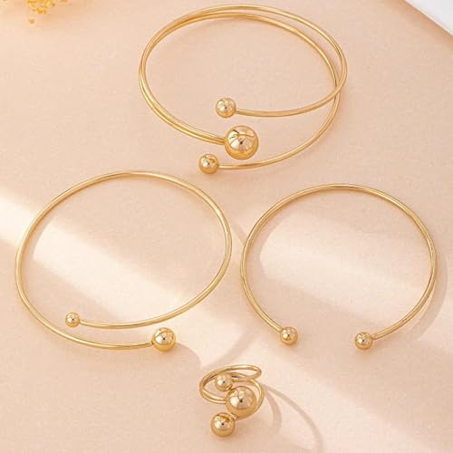 Rrdaily Layered Gold Plated Sphere Spiral Bangle Rings Set for Women,Open Twisted Geometric Wrist Cuff Bracelets Punk Party Accessories Trendy Jewelry Present
