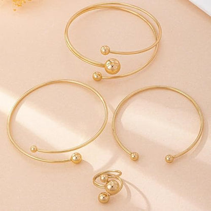 Rrdaily Layered Gold Plated Sphere Spiral Bangle Rings Set for Women,Open Twisted Geometric Wrist Cuff Bracelets Punk Party Accessories Trendy Jewelry Present
