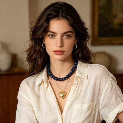 YUJIE Chunky Heart Pendant Necklace for Women- Exaggerated Statement Puff Heart Necklace with Acrylic Beaded Chain - color: B-NAVY BLUE