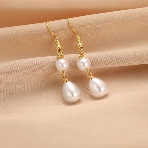 Robaice Pearl Earrings for Women, 14K Gold Plated Dangle Drop Earrings | Small Pearl Drop Huggie Hoop Earrings, Hypoallergenic Dainty Gold Earrings, Wedding Jewelry Gifts for Women Trendy - style: gold two pearl earrings