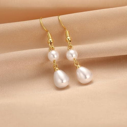 Robaice Pearl Earrings for Women, 14K Gold Plated Dangle Drop Earrings | Small Pearl Drop Huggie Hoop Earrings, Hypoallergenic Dainty Gold Earrings, Wedding Jewelry Gifts for Women Trendy - style: gold two pearl earrings