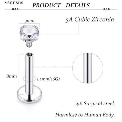 Vsnnsns 16G Lip Rings Stainless Steel Tragus Helix Conch Piercing Jewelry Snake Bite Piercing Monroe Lip Rings Labret Medusa Cartilage Lobe Earrings Studs Piercing Jewelry 6MM 8MM 10MM Silver - color: Clear Cz-8MM