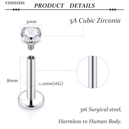16G Lip Rings Stainless Steel Tragus Helix Conch Piercing Jewelry Snake Bite Piercing Monroe Lip Rings Labret Medusa Cartilage Lobe Earrings Studs Piercing Jewelry 6MM 8MM 10MM Silver - color: Clear Cz-8MM