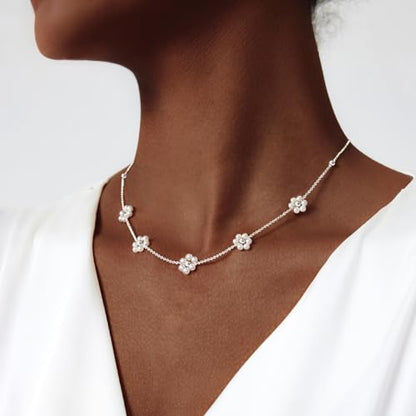 Zeffy Pearl Necklace 4MM/6MM/8MM Dainty Round Imitation Pearl Choker Necklace Wedding Pearl Necklace Delicate Jewelry for Women Simple Bridesmaid Jewelry Gifts - style: Silver Pearl Daisy Necklace(15"+2")
