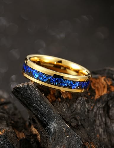 King Will Mens Wedding Band with Foils Inlay, Black/Silver/Gold | Black, 6mm/8mm, Beveled Edge, Comfort Fit, Glowstone Ring, Everyday Wear - color: Gold&Blue-6mm