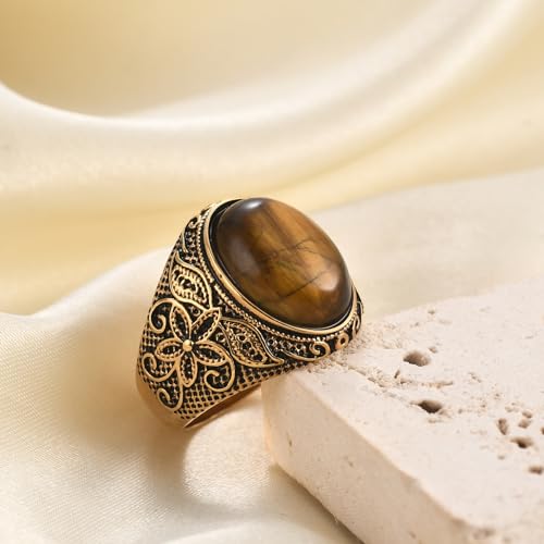 Retro Large Tiger Eye Stone Turquoise Wedding Ring For Men Classical Gothic Stainless Steel Rings - color: Gold-Coffee