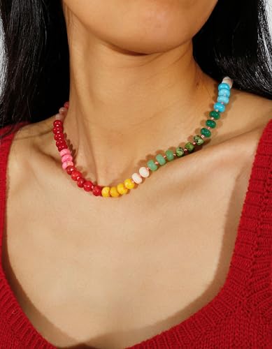 Gemstone Beaded Necklace for Women Colorful Natural Stone Freshwater Pearl Surfer Beach Rainbow Necklace Jewelry Gift - color: colorful -02