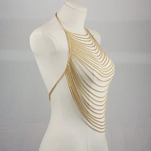 CHRAN Multi-Layer Body Chain Necklace, Gold Metal Chain Halter Top Jewelry, Sexy Chest Chain Accessory for Women - color: Golden