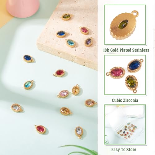 Pandahall 20Pcs 18K Gold Plated Stainless Steel Rhinestone Pendants Small Crystal Oval Charms Faceted Glass Cubic Zirconia Charm for DIY Necklace Bracelet Earring Craft
