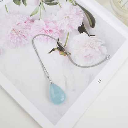 iSTONE 925 Sterling Silver Natural Crytral for Womens Pendant Necklace, Gemstone Birthstone with 17.8" Silver Chain Ladies - color: Aquamarine