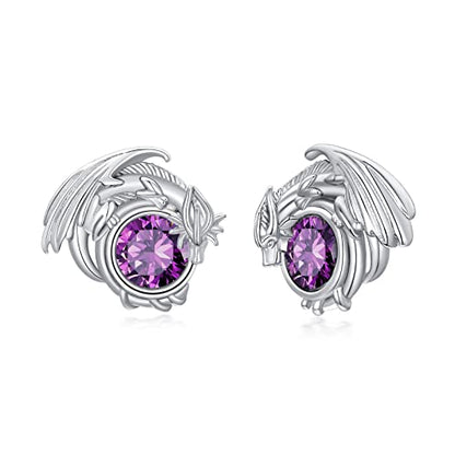 Dragon Earrings Sterling Silver Stud Hypoallergenic Birthstone Crystal Dragon Earrings for Women - color: 02-Feb