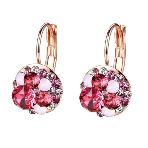 Multicolored Austrian Crystal Leverback Earrings for Women 14K Gold Plated Dangle Hoop Earrings Hypoallergenic Jewelry - color: Pink Main Crystal/Rose Gold-tone