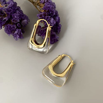 Acrylic Hoop Earrings Gold Lucite Transparent Resin Rectangle Clear Hoops for Women