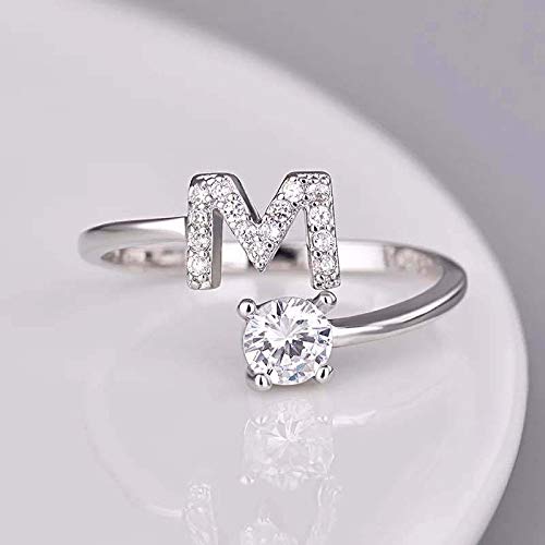 FUTIMELY Initial Letter Ring Alphabet Ring A-Z Silver Crystal Open Adjustable Personalized Initial Ring for Women - style: M
