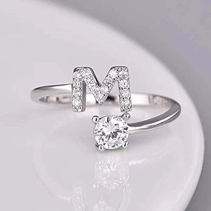 FUTIMELY Initial Letter Ring Alphabet Ring A-Z Silver Crystal Open Adjustable Personalized Initial Ring for Women - style: M