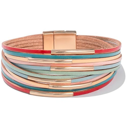 Gold Tube Leather Wrap Bracelets Boho Chunky Stackable Layered Western Cuff | Stacked Bohemian Cool Magnetic Clasp Bangles Statement Cowgirl Hippie Country Festival Accessories for Women Trendy - color: Colorful
