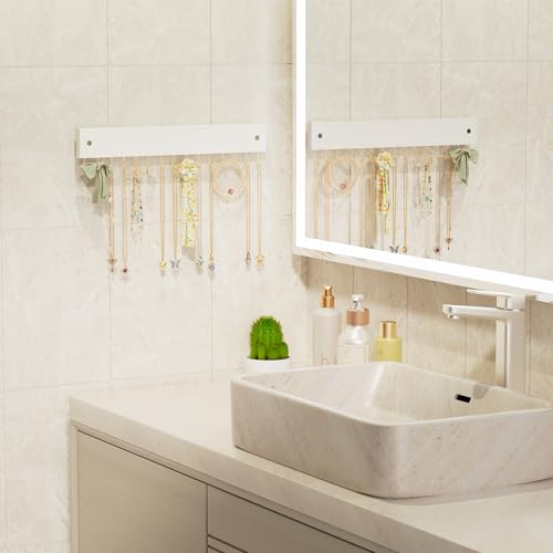 Lolalet Wooden Necklace Holder for Wall with 15 Hooks -Goldwhite | Wall Mount Jewelry Hangers for Necklaces, Chains, Bracelets and Earrings, Tangle-free, Easy to Install - color: Goldwhite